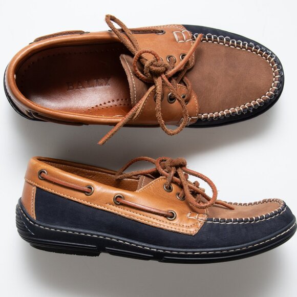 Bally Tenebrio Boat Shoes Suede Leather Deck Loafers Navy Brown Size 40 / 7 - Picture 1 of 8